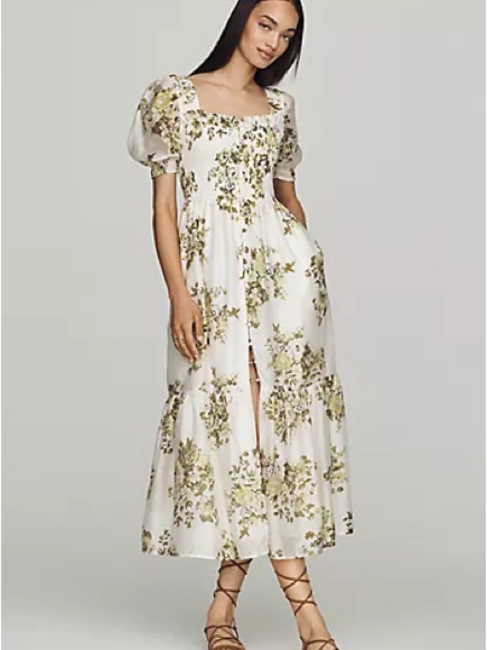 Anthropologie White & Olive Floral Smocked Maxi Dress